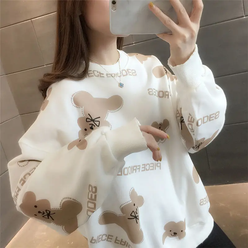 

Hikigawa 2023 Autumn Cartoon Print Tops Women Loose Casual Harajuku Long Sleeve Pullovers O Neck Preppy All Match Sweatshirts