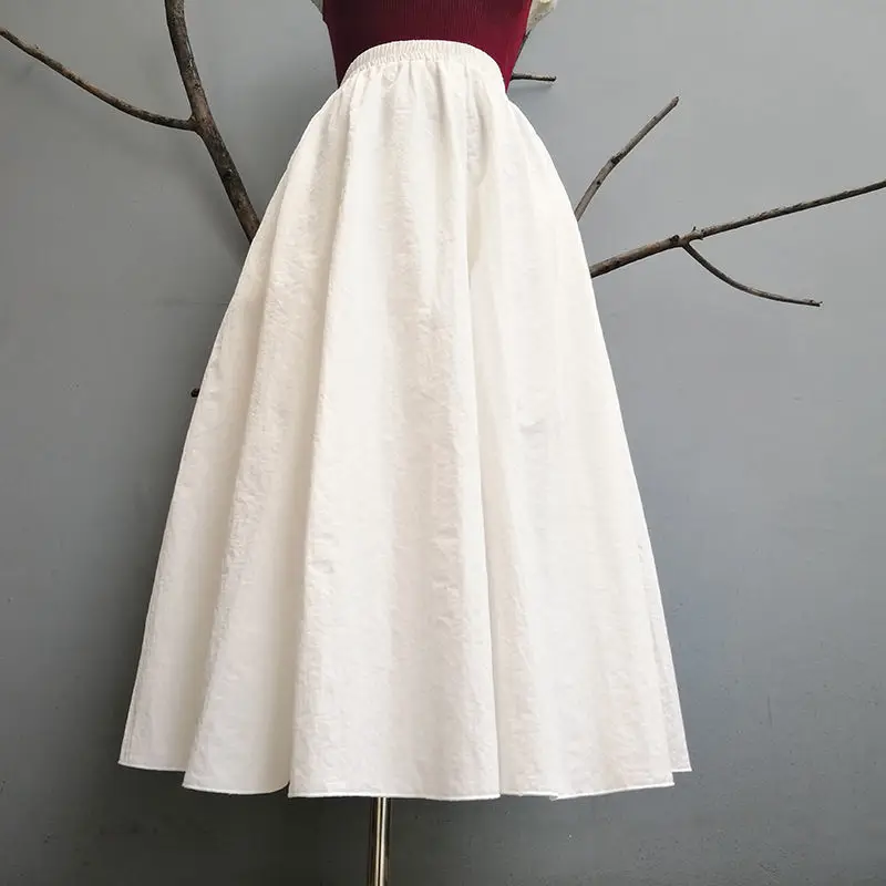 White Umbrella Skirt Vintage High Waist Slim  Skirt Women's Spring and Autumn Mid length  Long Dress