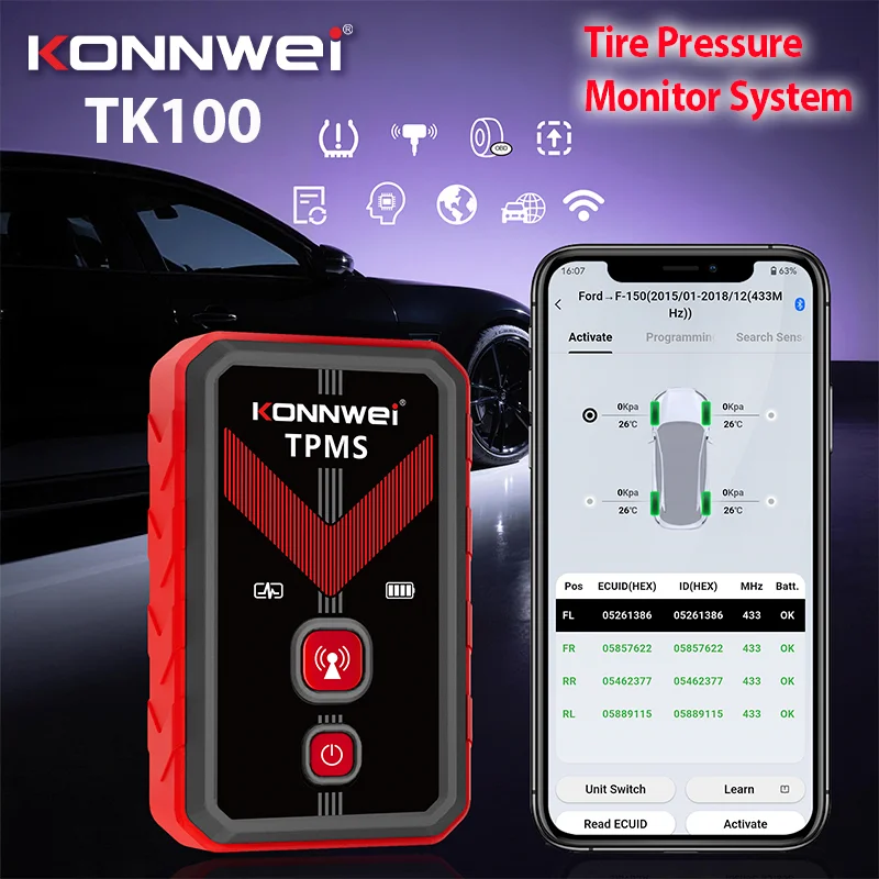 Фото 2026 KONNWEI TK100 Программируемые датчики TPMS для автомобилей, инструмент для перепрограммирования OBD, 433 МГц/315 МГц, программирование через СМС, система контроля давления в шинах №1
