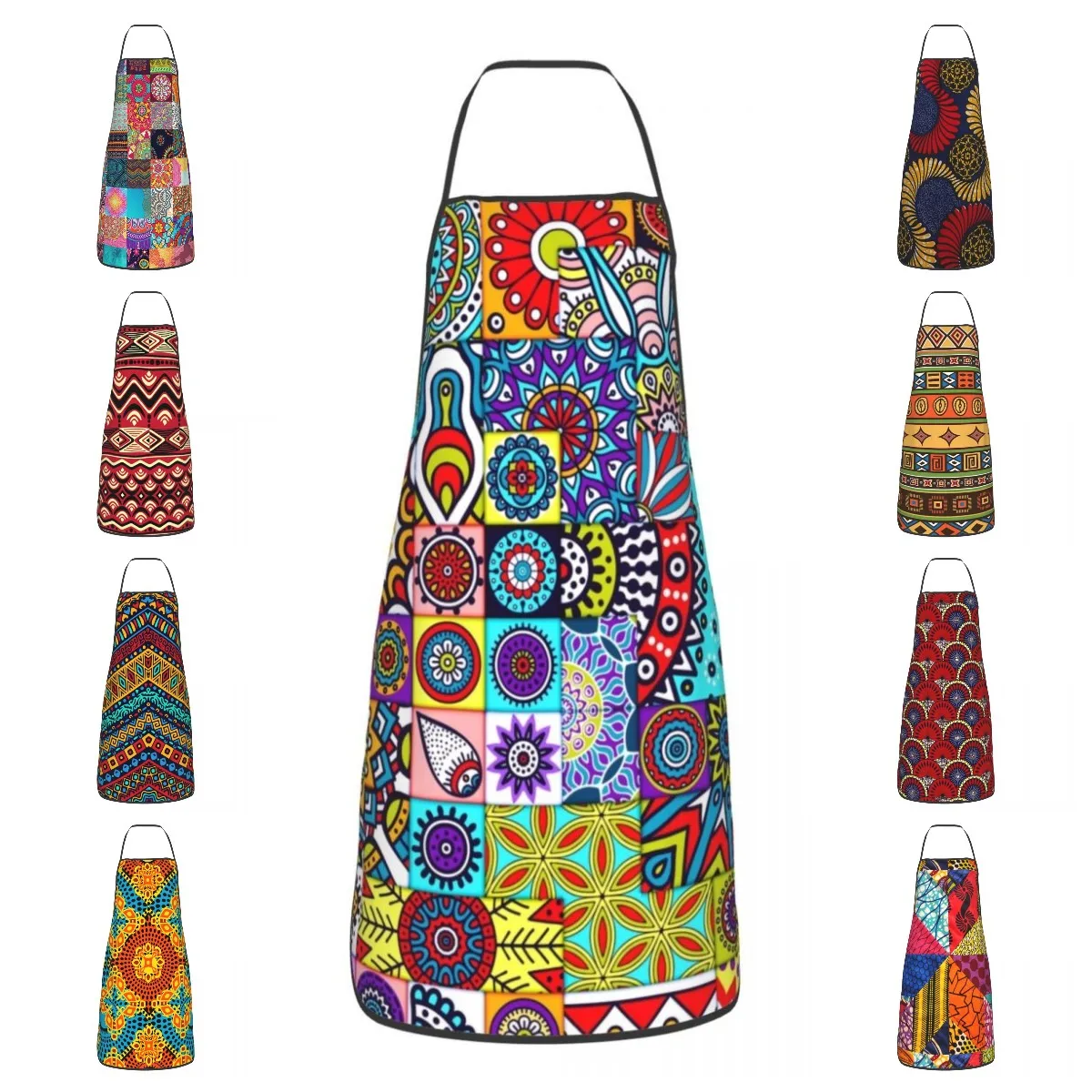 

Фартук в Африканском этническом стиле с геометрическим цветочным дизайном, для взрослых, женщин, мужчин, шеф-повара, кухня для готовки, кухня, красочные узоры Анкары
