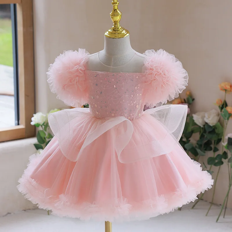 

High-end Blush Pink Tulle Wedding Fancy Sequin Petal Little Kids Clothes Evening Party Princess Flower Girl Dress