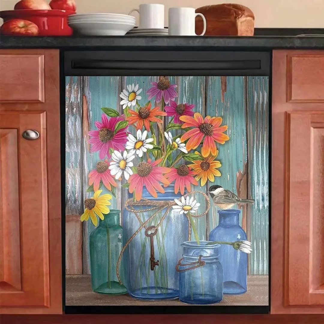 

Vase Flowers Kitchen Dishwasher Magnet for Metal Washers,Spring Bird Refrigerator Sticker,Magnetic Dishwasher Door Cover Sheet,M