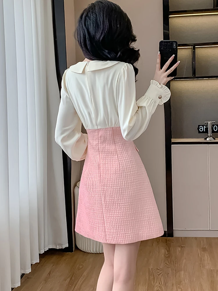 Женское розовое лоскутное белое мини-платье с длинным рукавом и рюшами на