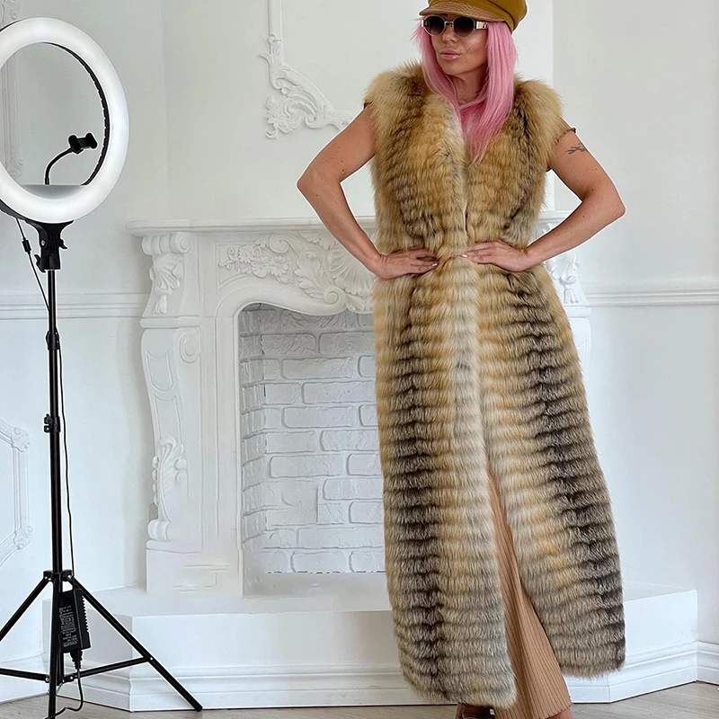 Genuine Fox Real Fur Vest Jacket Women High Street Tide Clothing Autumn Winter Sleeveless O-neck Natural Fox Fur Coat Female