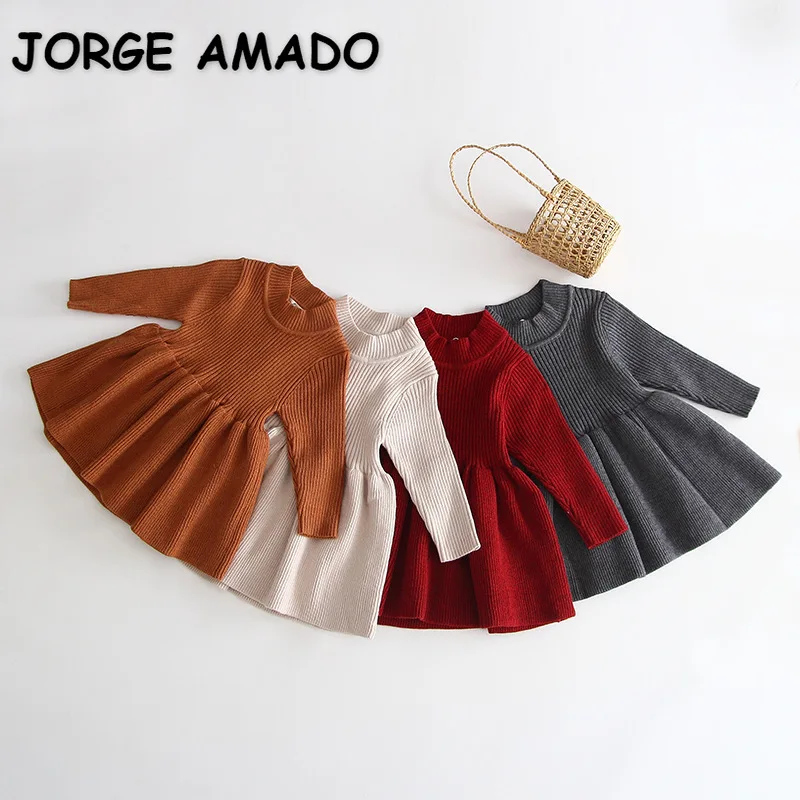 

New Spring Autumn Baby Girl Knitted Dress Solid Color Pit Stripe Crew Neck Long Sleeve Princess Dresses Newborn Clothes E9102