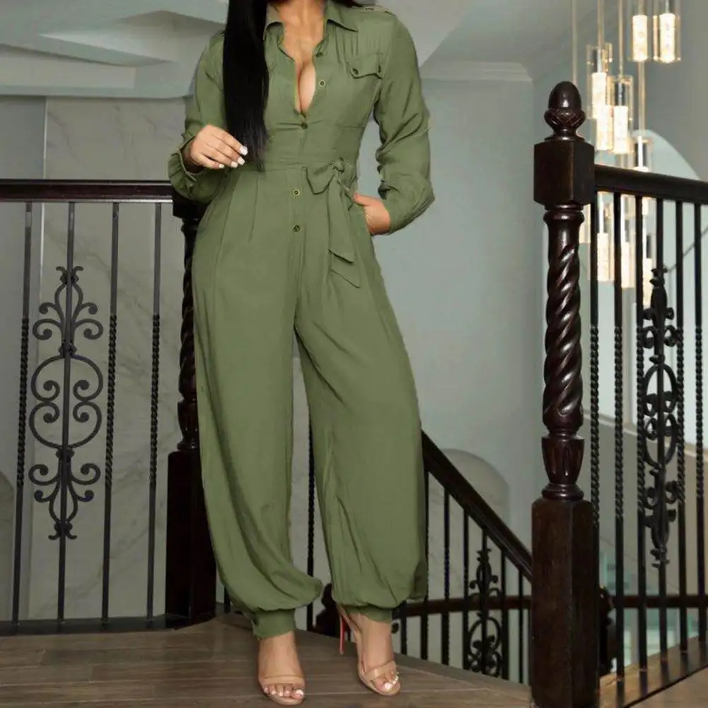 

Elegant Turndown Collar Jumpsuit Autumn High Waist Ankle Tied Pocket Jumpsuit Solid Color Long Sleeve Jumpsuit For Office