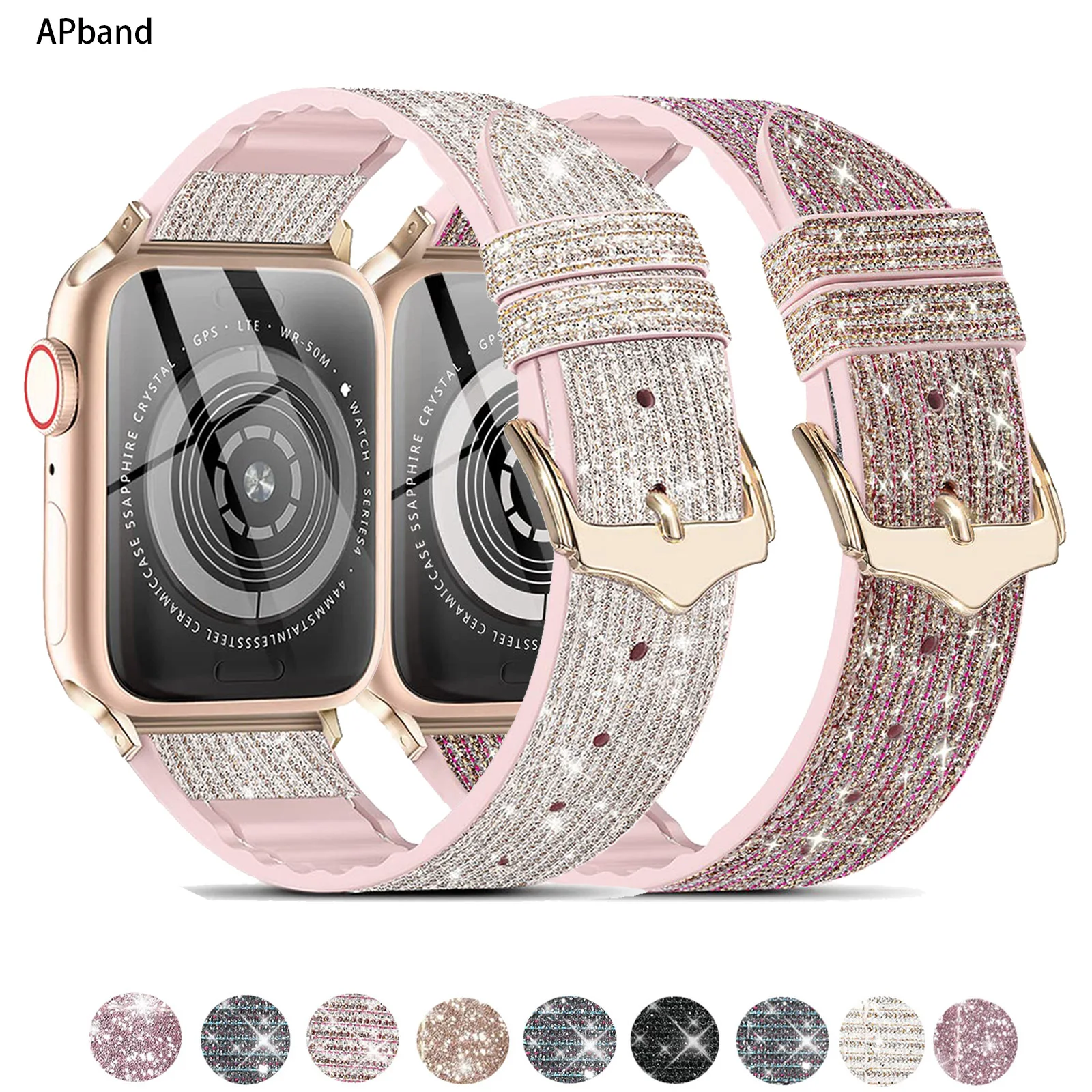 Ремешок из силикона и кожи для Apple Watch Band 44 мм 40 45 41 38 42 БРАСЛЕТ Bling Correa iWatch Series 3 5 4 6 SE
