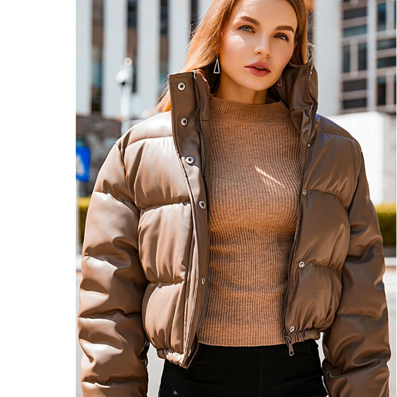 Autumn And Winter Jacket Thickened Warmth Short Parka Coat Women's Pu Leather Jacket Elegant Solid Color Zipper Cotton Jacket