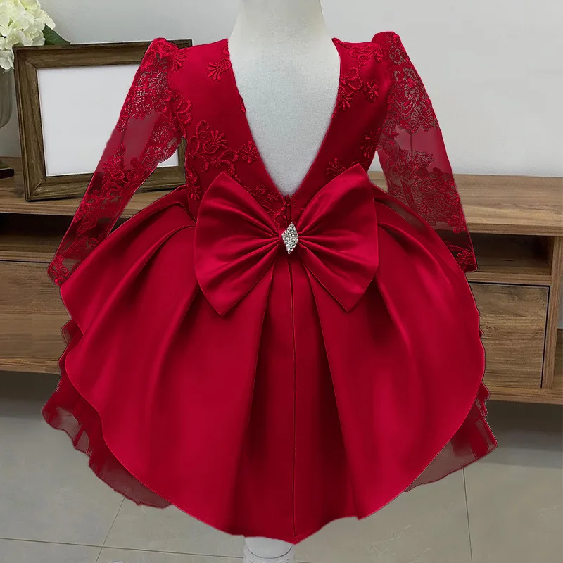 

O-neck Lace Simple Elegant Flower Girls Dresses V-back Bow Princess Robe Pleated Lace Long Sleeve Kids Birthday Party Dress