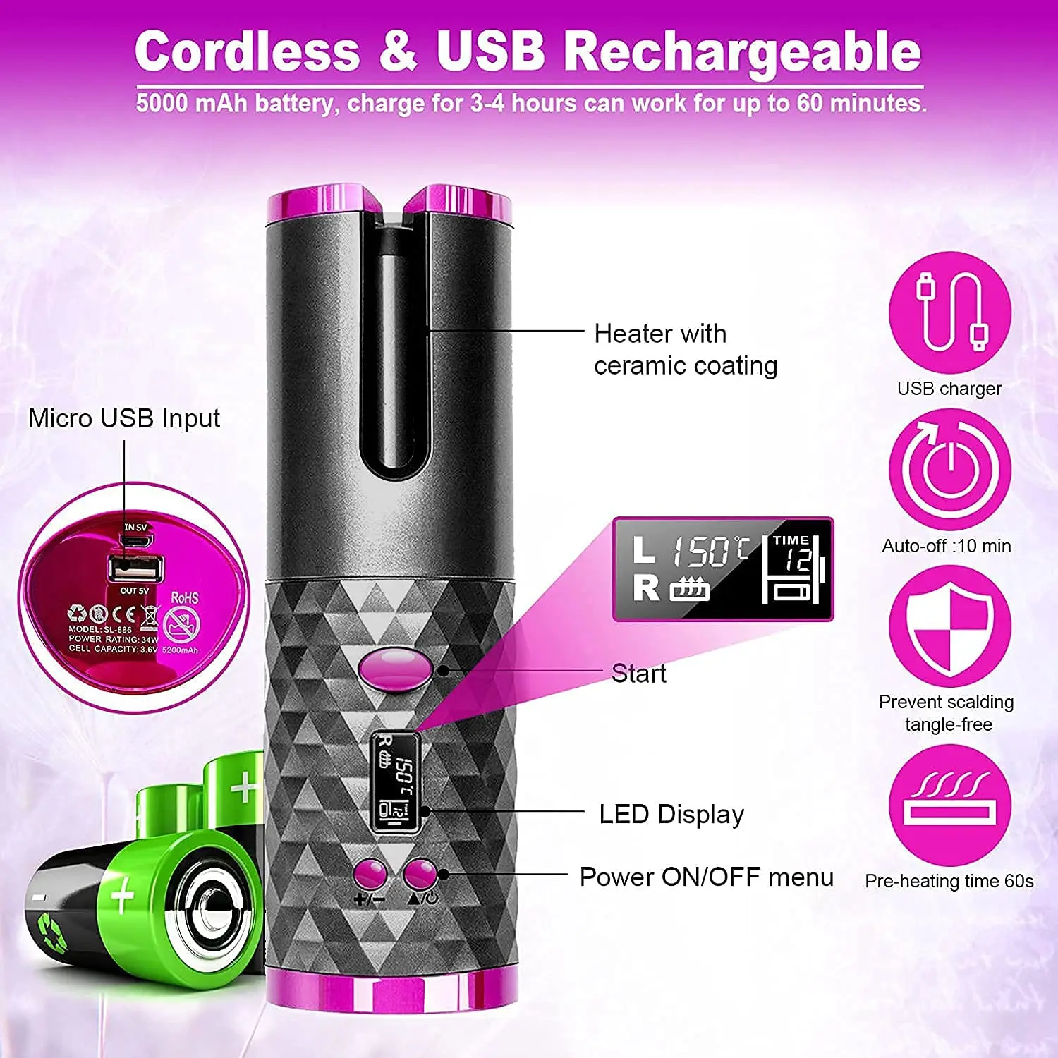 Автоматическая Плойка для волос вращающийся щипцы завивки с USB керамическая
