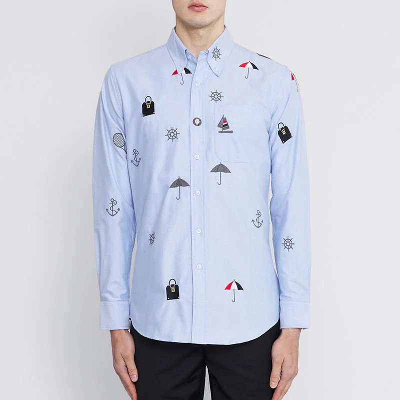 TB THOM Spring Men's Shirt Fashion Embroidery Designs Slim T-shirts Casual Oxford Long Sleeves High Quality Women Men Shirts