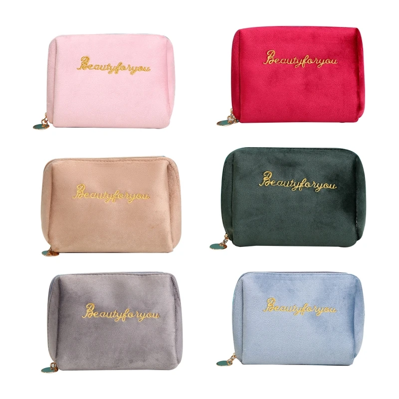 

Velvet Makeup Bag Letter Embroidery Travel Organizer Toiletries Cosmetic Pouch