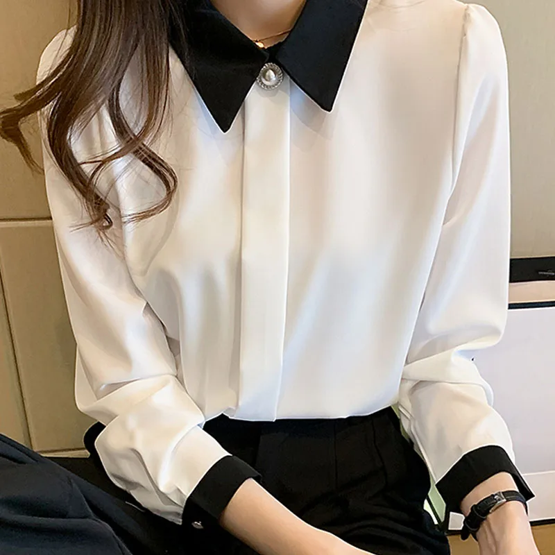 

Женская шифоновая блузка на пуговицах, белая однотонная блузка с длинным рукавом и кукольным воротником, модель 2022 на весну, 2723