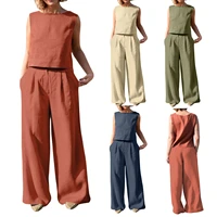 fashion womens casual 2pcs pant sets solid color round neck sleeveless tops button closure wide leg trousers clothes set