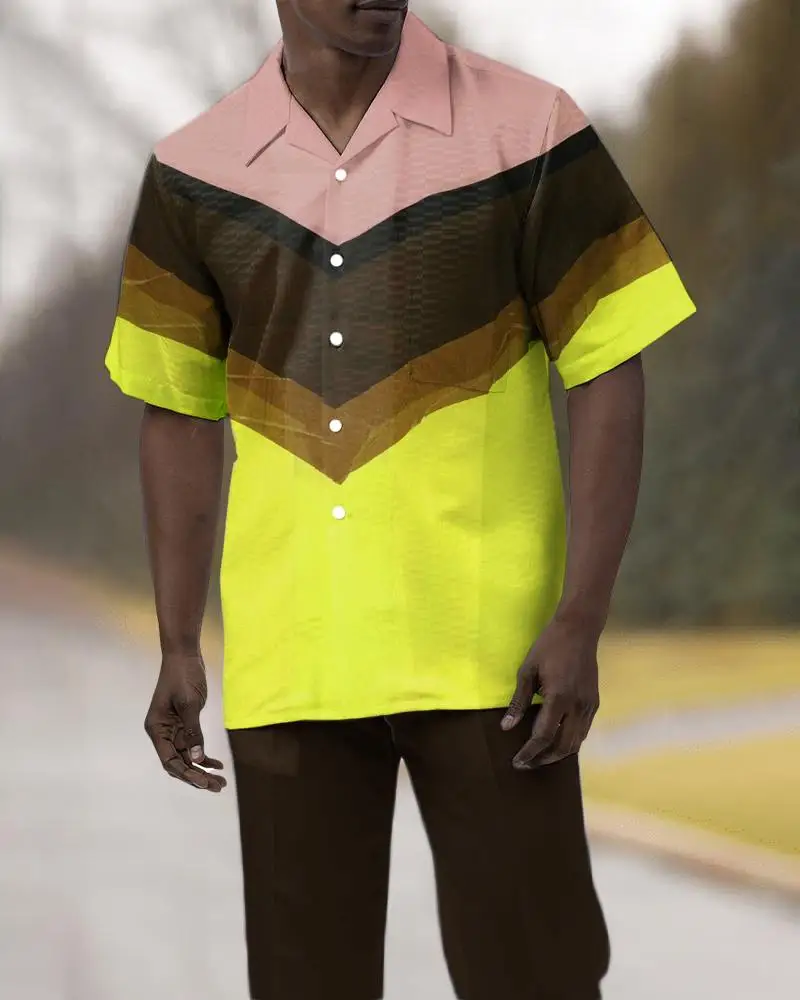 Summer street casual men's short-sleeved shirt button-up top 3D printing checkered Harajuku trousers fashion trendy outfit 4XL