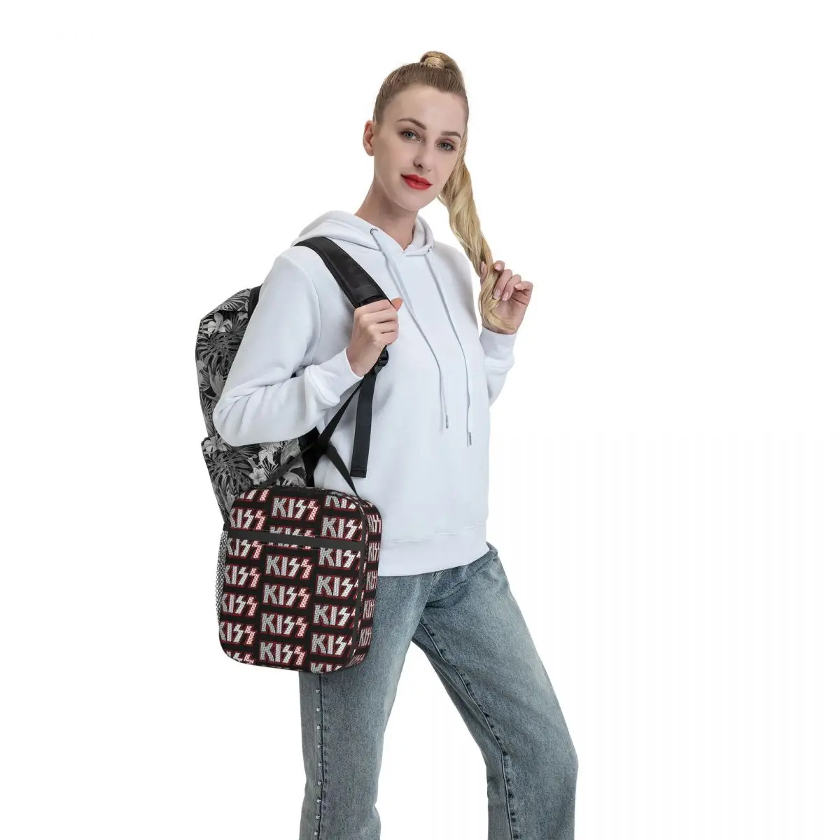 

Kiss Band Member Faces Lunch Bag Handle Kiss Logo Reusable Mesh Pocket Cooler Bag Carry Refrigerator Pearl Cotton Thermal Bag