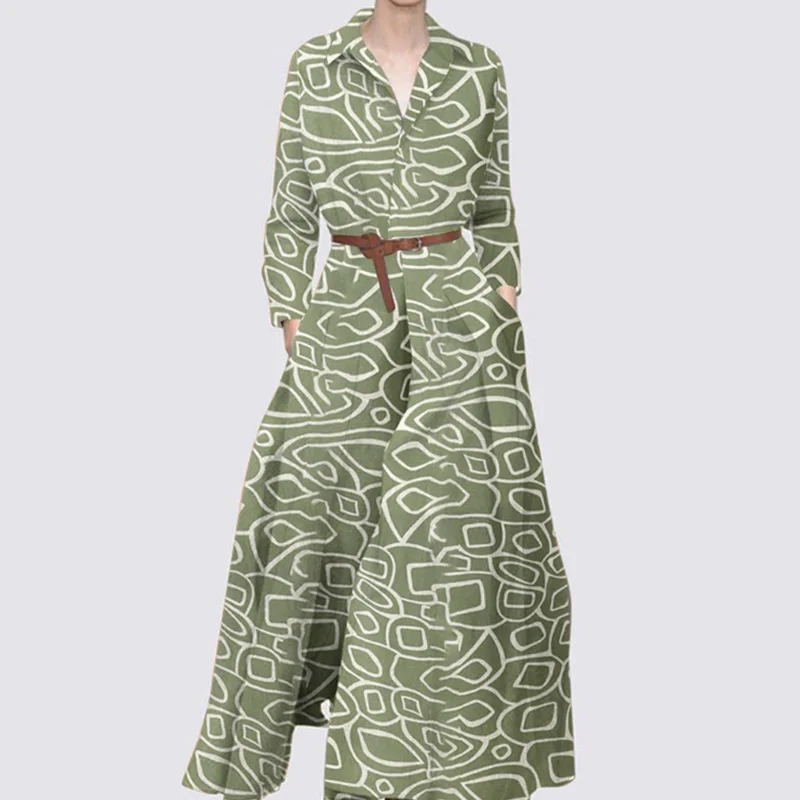 

Женское платье с отложным воротником, длинным рукавом и принтом