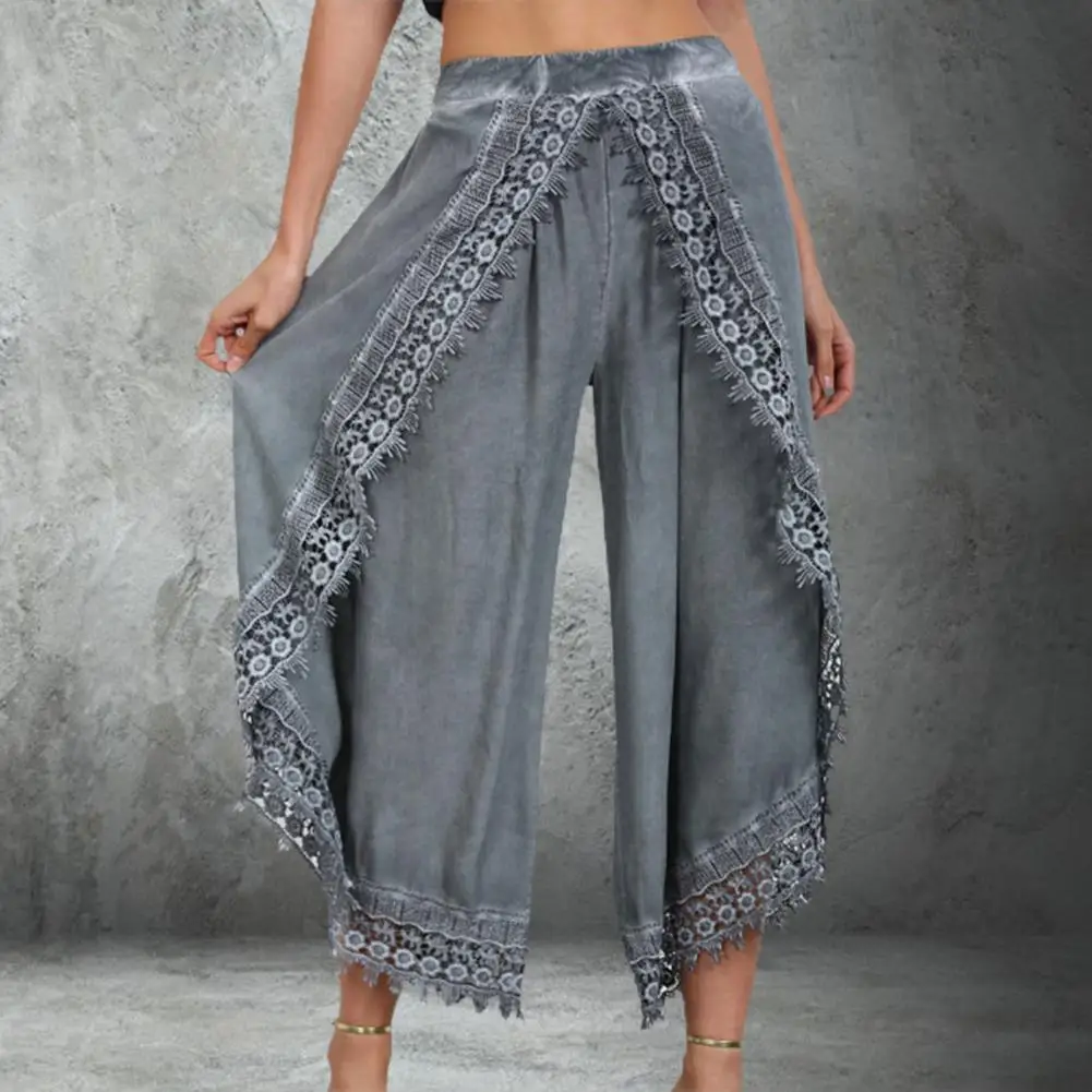 

Trendy Baggy Pants Wear Resistant Cool Bottoms Women Solid Color Lace Trim Casual Pants