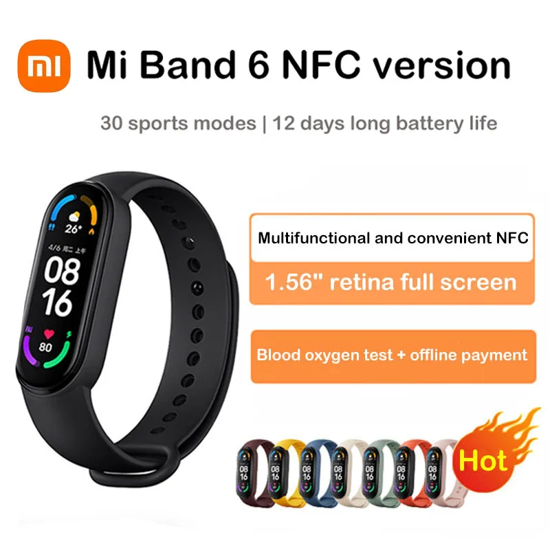 

Фитнес-браслет Xiaomi Mi band 6 NFC, Mi Band 6, шагомер, трекер, монитор кровяного давления, пульса, водонепроницаемый смарт-браслет
