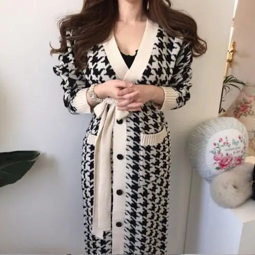 

Spring Women Houndstooth Sweaters Cardigans Female Fashion Vintage Knitted Long Sleeve V-neck Singe-breasted Sashes Tops Coat