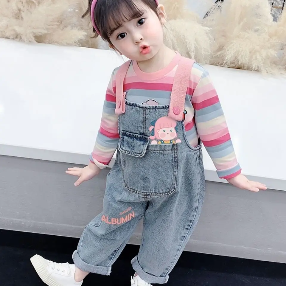 

Children Overalls With Wings Girls Denim Pants 2021 Spring Autumn New Korean Fashion All Match Jeans Kids Loose Overalls