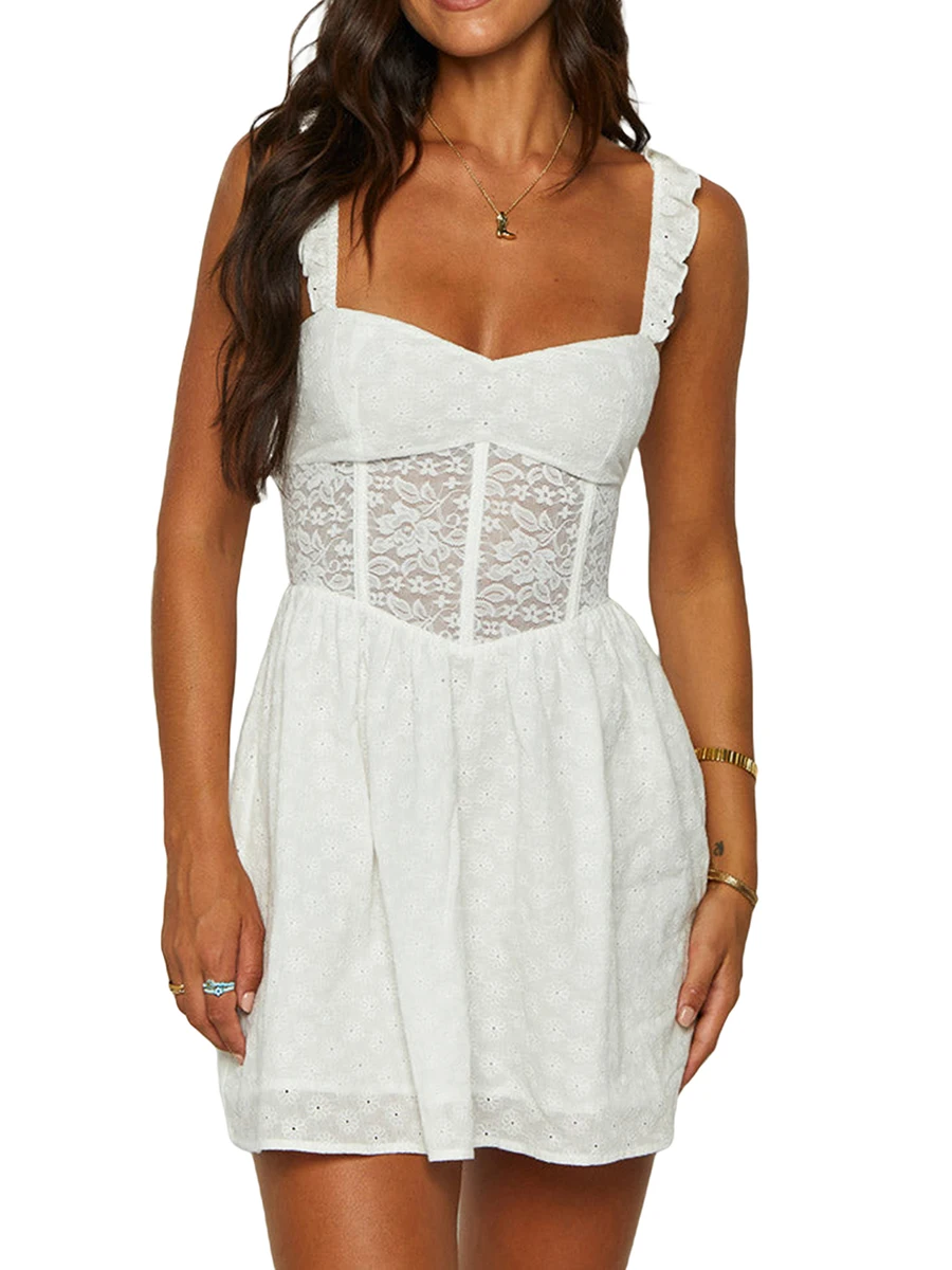 

Элегантное кружевное лоскутное мини-платье с рюшами на бретельках и вырезом сердечком-облегающая однотонная трапециевидная юбка-идеально