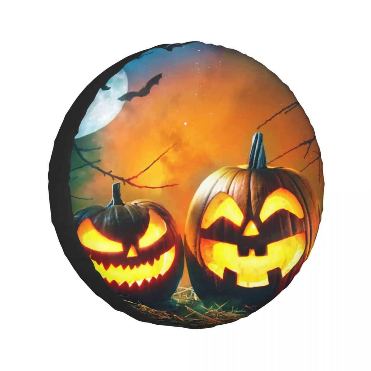 

Universal Car Tire Cover Case Spare Tire Wheel Bag Tyre Spare Storage Cover Halloween Pumpkin Lantern In Scary Night Forest