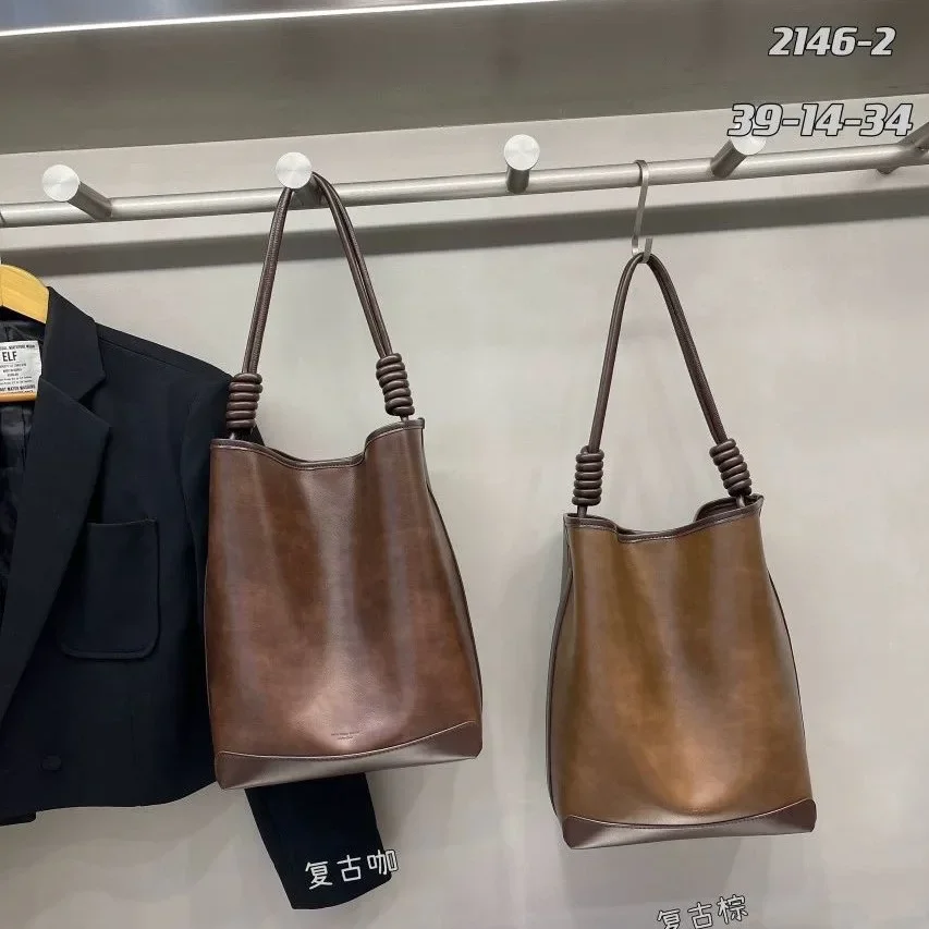 

Vintage Casual Women's Bucket Bag, Maillard Style Soft Leather Designer Large Capacity Tote Bag, Underarm Big Bag