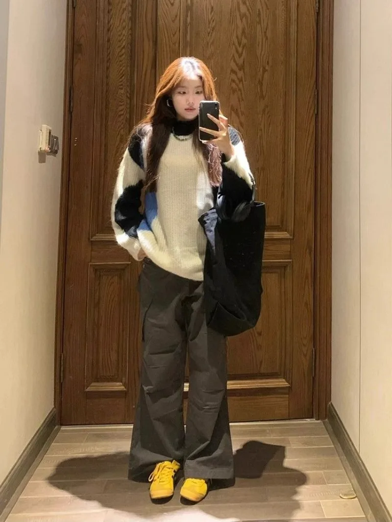 Женский пуловер с длинным рукавом винтажный трикотажный свитер контрастных