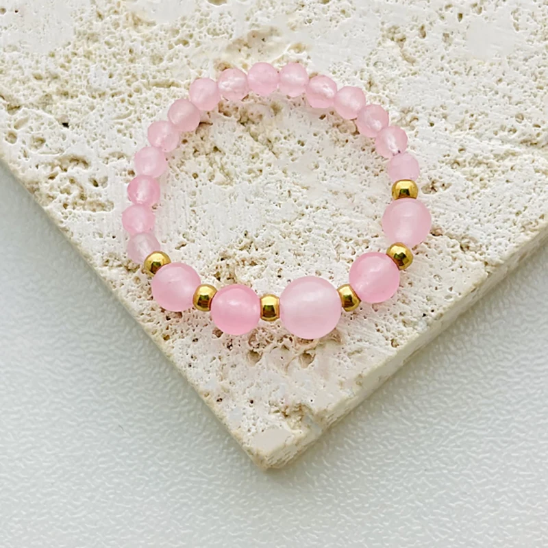 

Vintage Natural Gems Stone Finger Rings for Women Fashion Stainless Steel Gold Color Beads Ring Pink Red Crystal Summer Jewlery
