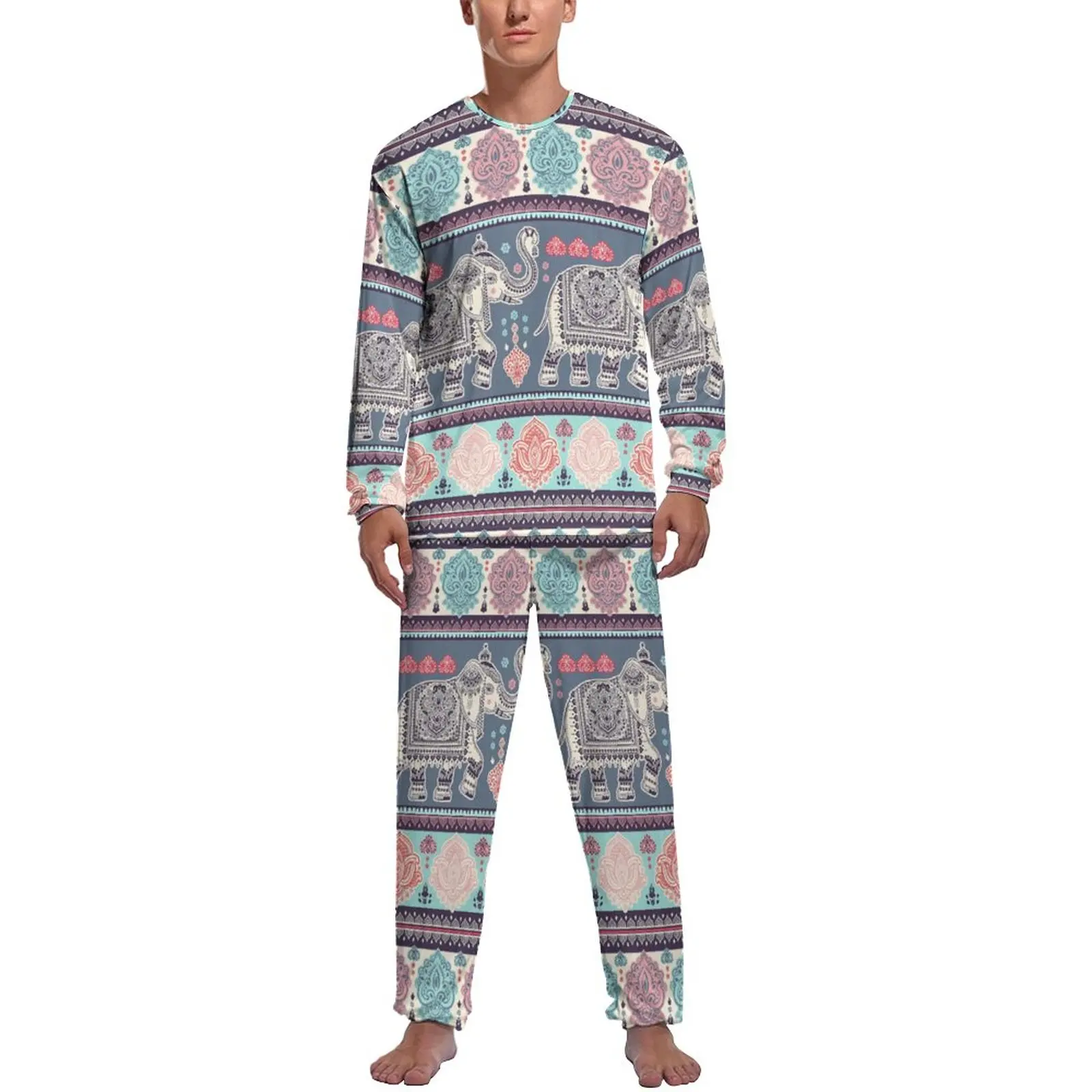 

Retro Elephant Pajamas Autumn Flowers Print Leisure Sleepwear Men Two Piece Design Long Sleeve Warm Pajamas Set