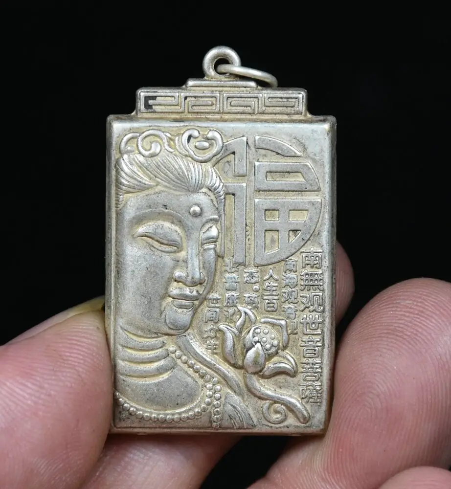 

4CM Rare Old China Miao Silver Buddhism Guanyin Blessing Necklace Pendant