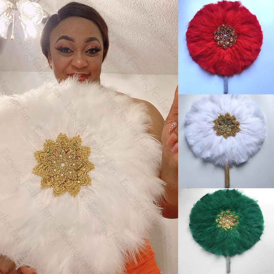 

1Pc Handmade Evantaille Mariage Africain Bridal Turkey Feather Handle Fan Wedding Dance Nigerian Feather Fans for Wedding Party