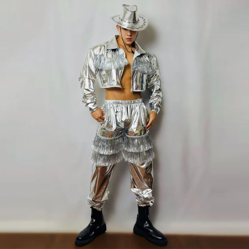 Фото Мужской танцевальный костюм Muscle Man Silver Laser с бахромой в стиле хип-хоп, сексуальный костюм для танцев на пилоне, мужская одежда для джазовых танцев, одежда для выступлений в барах и на сцене, XS10402 №2