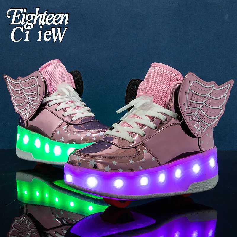 

Size 30-37 Glowing Sneakers Wheels Kids Light Up Sneakers Roller Skates USB Charge Glowing Shoes with Double Wheel Sneakers