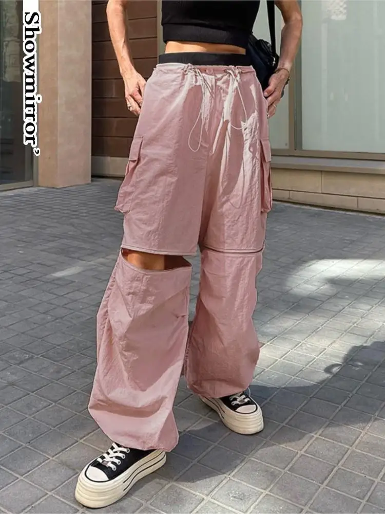 

Розовые брюки-карго с эластичным шнурком на талии, 2023, Свободные повседневные брюки-карго на молнии с разрезом и карманами, брюки с широкими штанинами, спортивные брюки