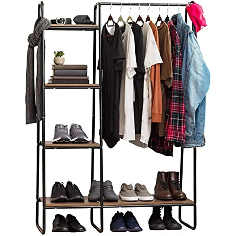 

Clothing Rack, Clothes Rack with 4 Wood Shelves, Freestanding Clothing Rack, Easy to Assemble Garment Rack, Standing Metal