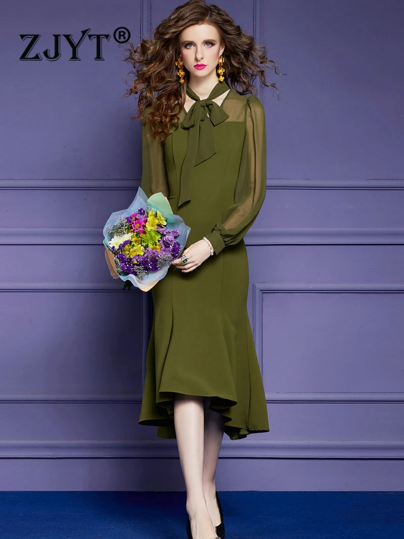 

ZJYT Spring Lady Bow Collar Solid Midi Mermaid Dress Women Party Elegant Long Sleeve Asymmetrical Office Work Wear 2023 Fashion