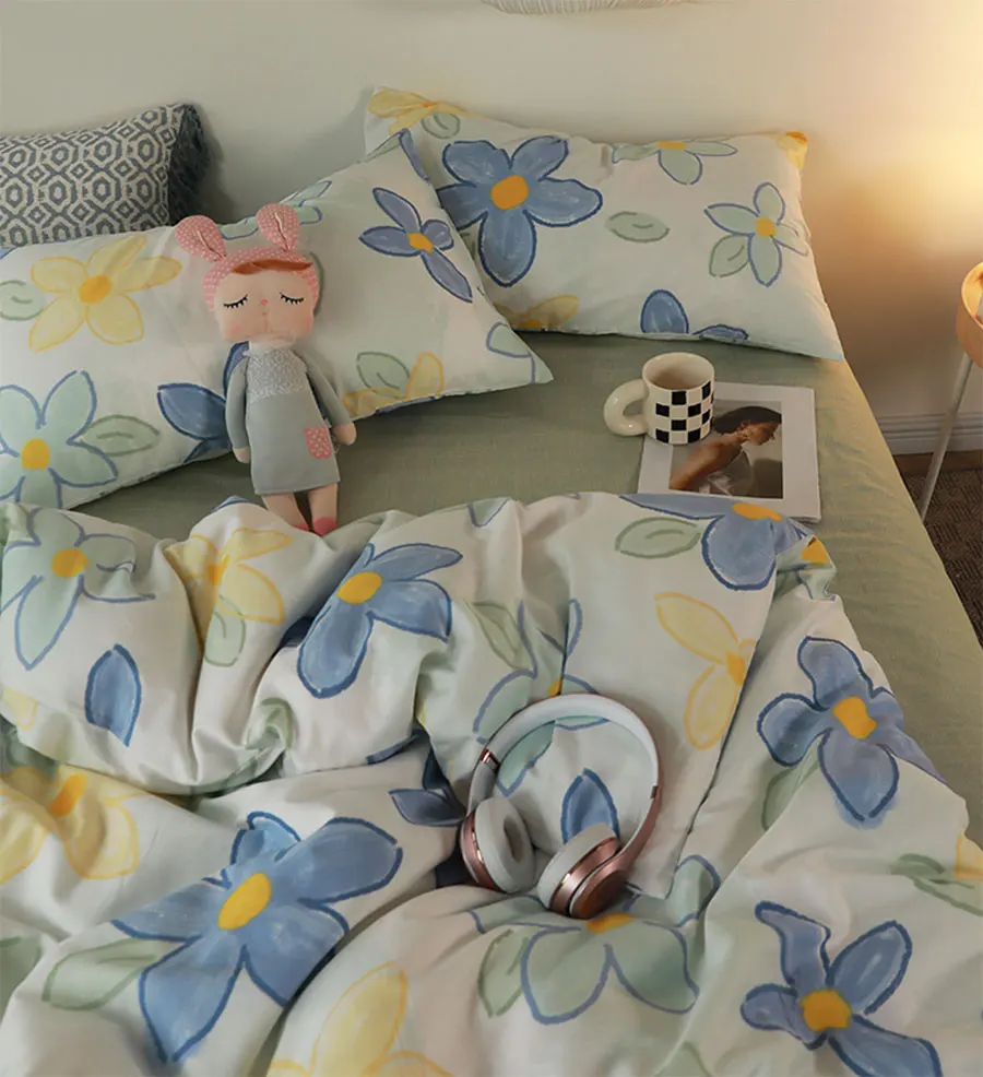 

Rustic pastoral green blue flower bedding set,unusual cotton twin full queen home textile flat sheet pillow case duvet cover