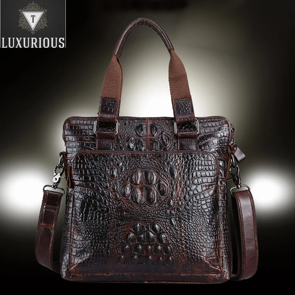 

Genuine Men Leather Business Handbag Retro Tote Bags Crocodile Pattern Briefcase Designer Oil Wax Cowhide Messenger Shoulder Bag