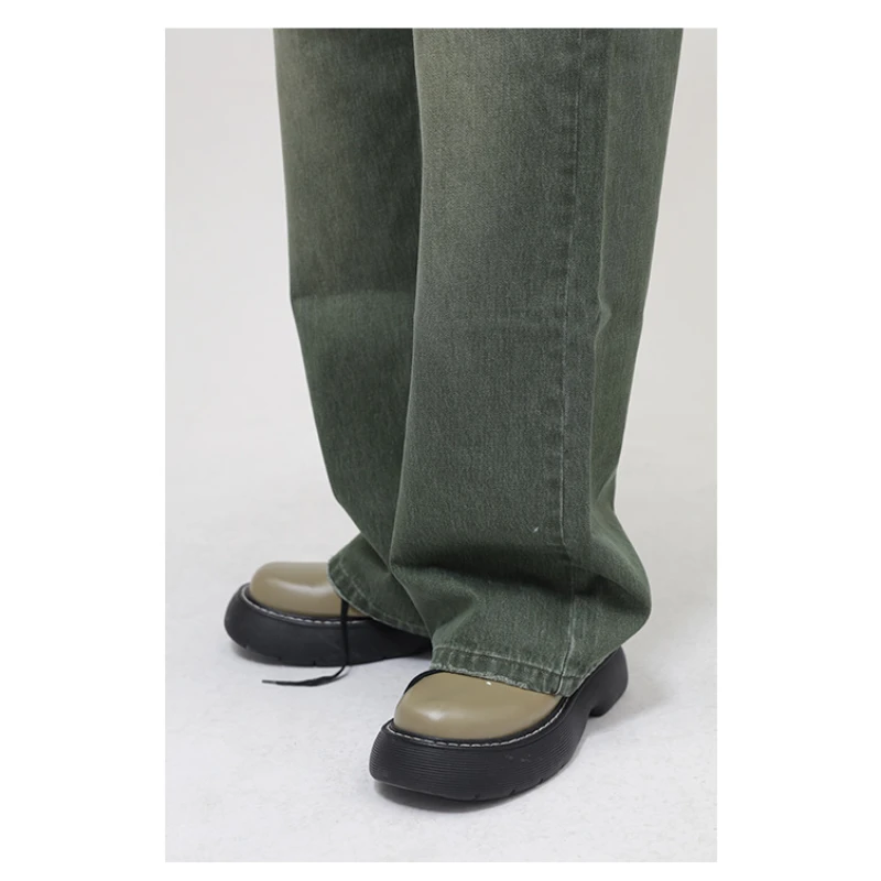 Four Seasons Korean Style Loose Personality Washed Waist Green Frayed Jeans for Men Oversized Retro  Lapel Fashion Jeans for Men