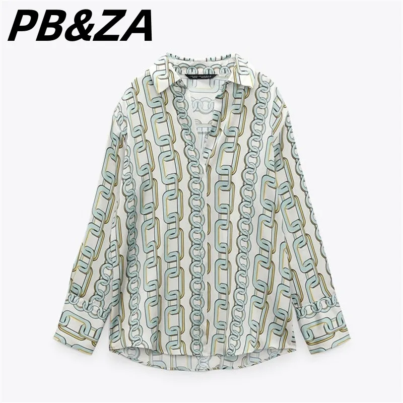 

PB&ZA 2023 Women's Clothing New Retro Slim Fit All-match Chain Print Lapel Shirt 2809129 712 2809/129