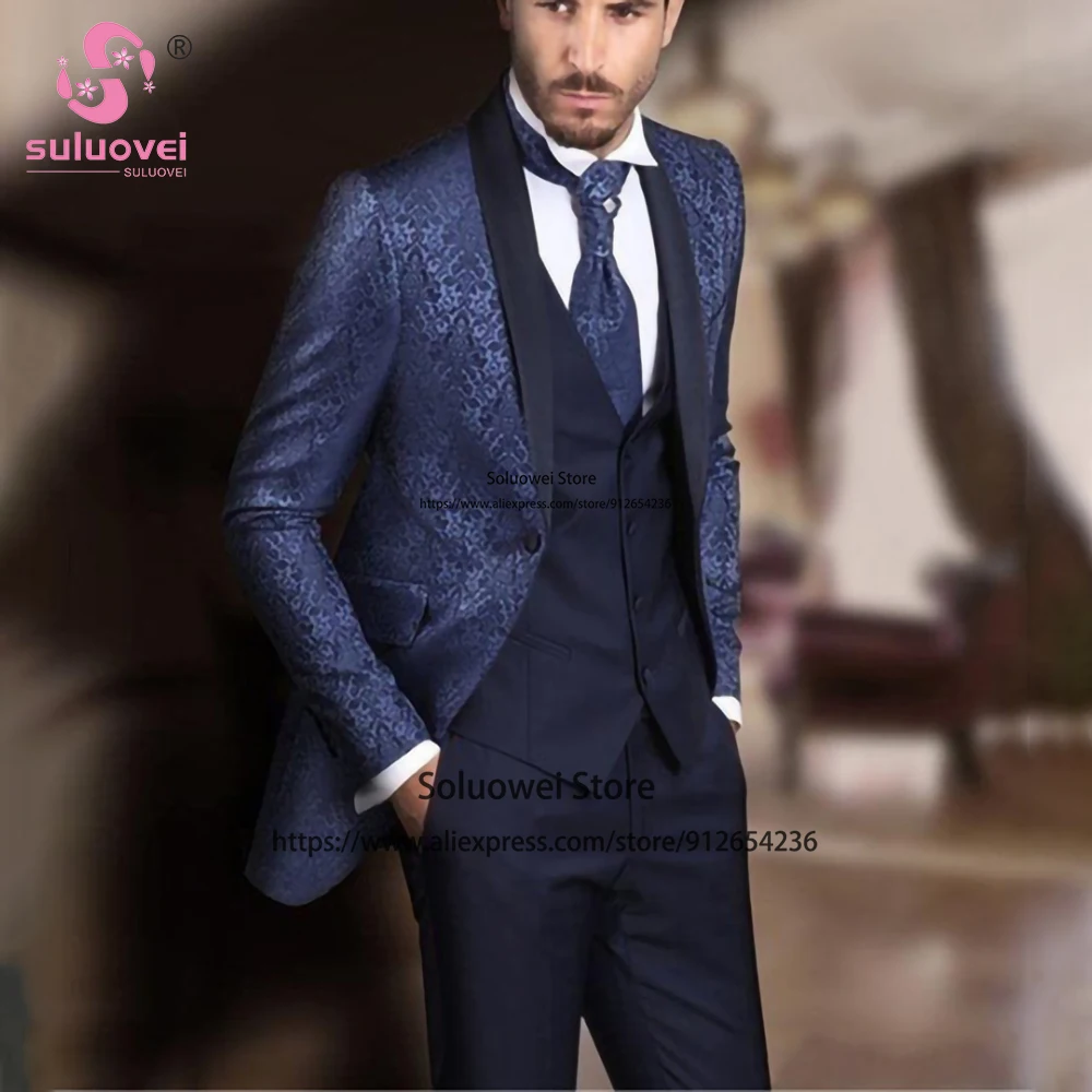 

Fashion Floral Jacquard Wedding Suits For Men Custom Made 3 PCS Pants Set Formal Groom Dinner Tuxedos Costume Homme Pour Mariage