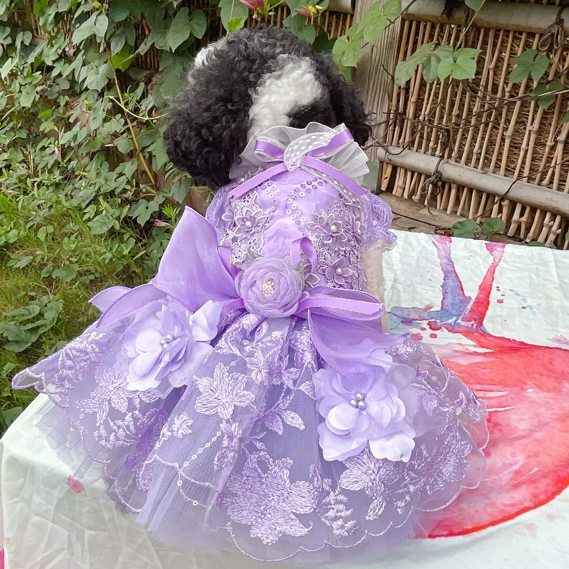 

Dog & Cat Clothes,3D Embroidered Organza,Lavender Pet Puffy Skirt with Exquisite Floral, For All Seasons, Dress For Kitten,Puppy