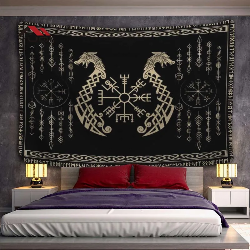 

Vikings Tapestry Viking Warriors Tapestry Twins Dragon Art Valknut Tapestry Wall Hanging for Living Room Bedroom Decor 6 Sizes