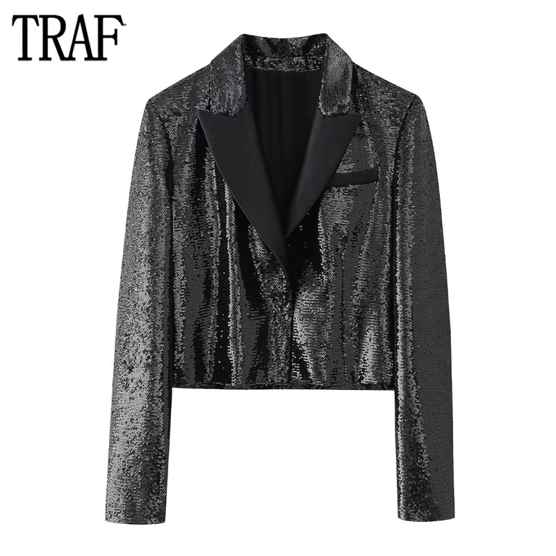 

TRAF 2023 Sequin Blazer Woman Luxury Cropped Jacket Women Shoulder Pads Button Short Blazers for Women Fashion Autumn Outerwear