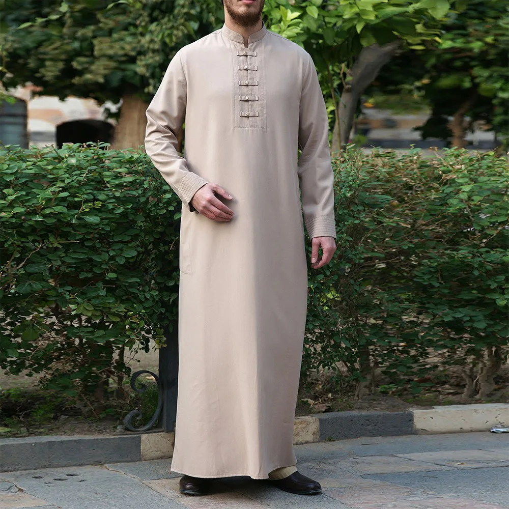 New Solid Color Middle East Ramadan Button Simple Men's Muslim Robe Arabic De Moda Musulmana Islamic Clothing