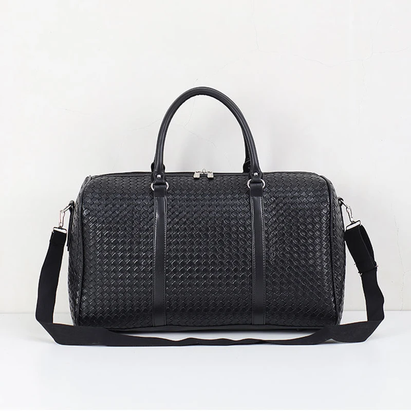 New Woven Travel Bag Large Capacity PU Leather Handbags Black Men's and Women's Crossbody Duffel Bags Short Trip Luggage Tote