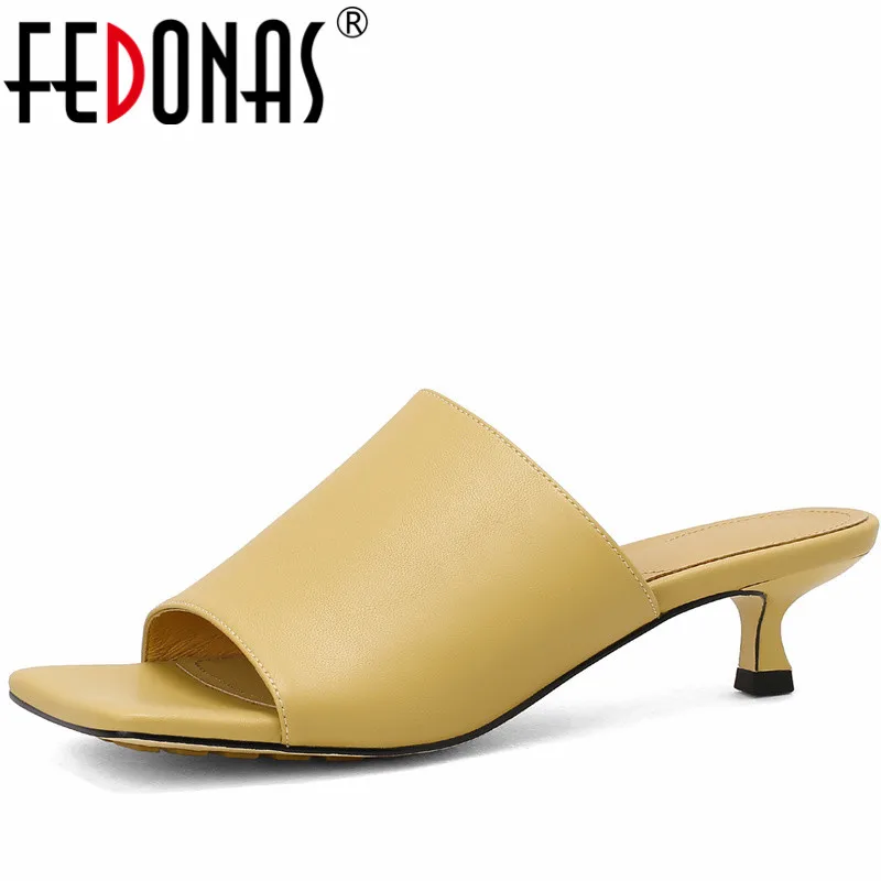 FEDONAS Thin Heels Women Sandals 2023 Summer Genuine Leather Chunk Women Slippers Concise Elegant Office Lady Party Shoes Woman