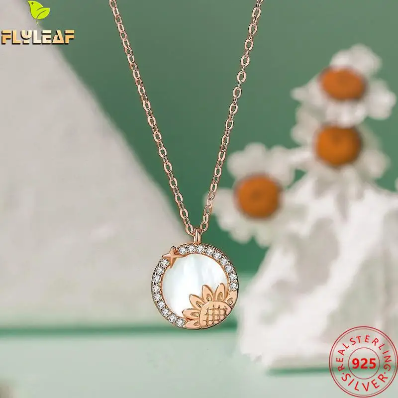 

Real 925 Sterling Silver Jewelry Shell Sunflower Pendant Necklace Women Rose Gold Plating Original Design Femme Accessories 2022